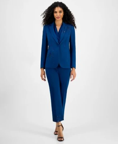 Anne Klein Womens Embellished One Button Jacket Shirred Surplice Neck Sleeveless Top Embellished Mid Rise Capri Pants