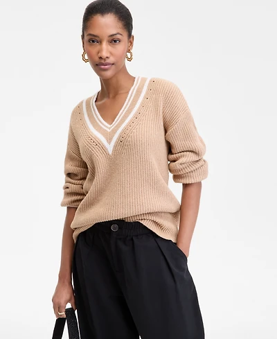 On 34th Women's Varsity Tipped V-Neck Sweater, Macy's Exclusive