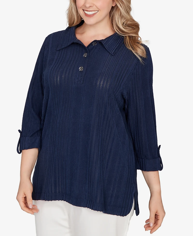 Hearts Of Palm Plus Solid Textured Hachi Henley Tunic Top