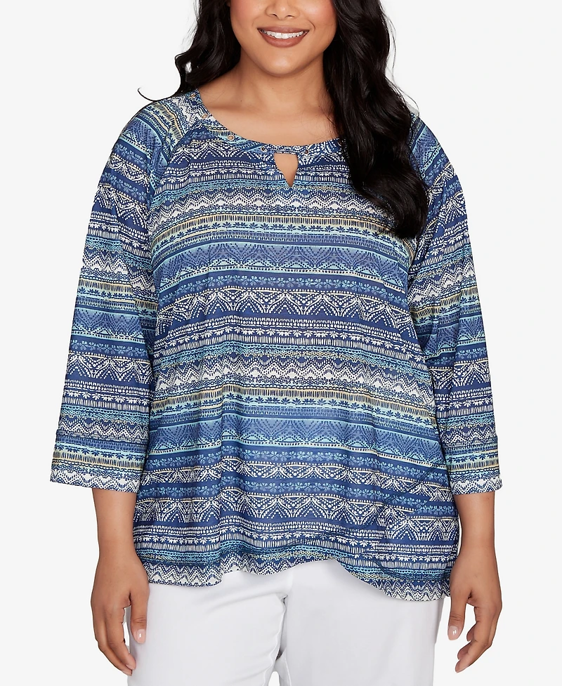 Hearts Of Palm Plus Printed Tulip Hem Slub Top