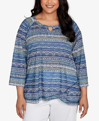Hearts Of Palm Plus Printed Tulip Hem Slub Top