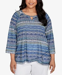 Hearts Of Palm Plus Printed Tulip Hem Slub Top