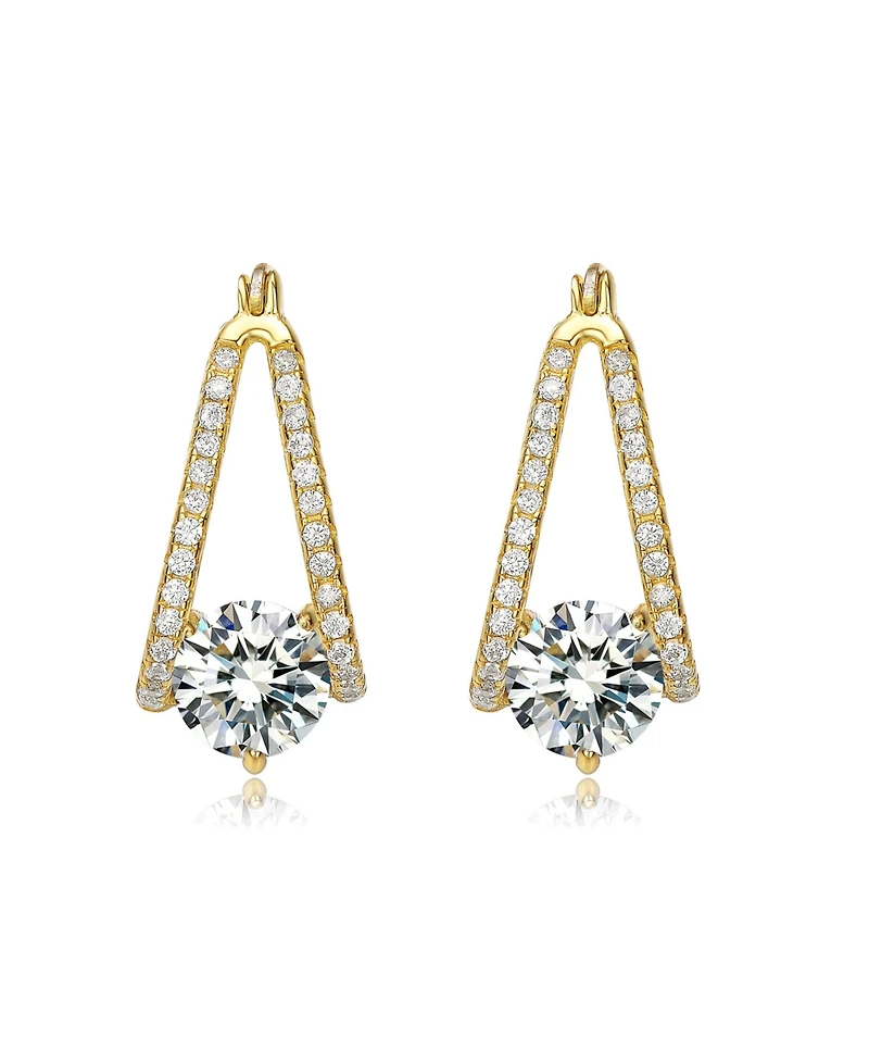 Sterling Silver with Cubic Zirconia Solitaire Double Trapeze Inside-Out Oblong Hoop Earrings