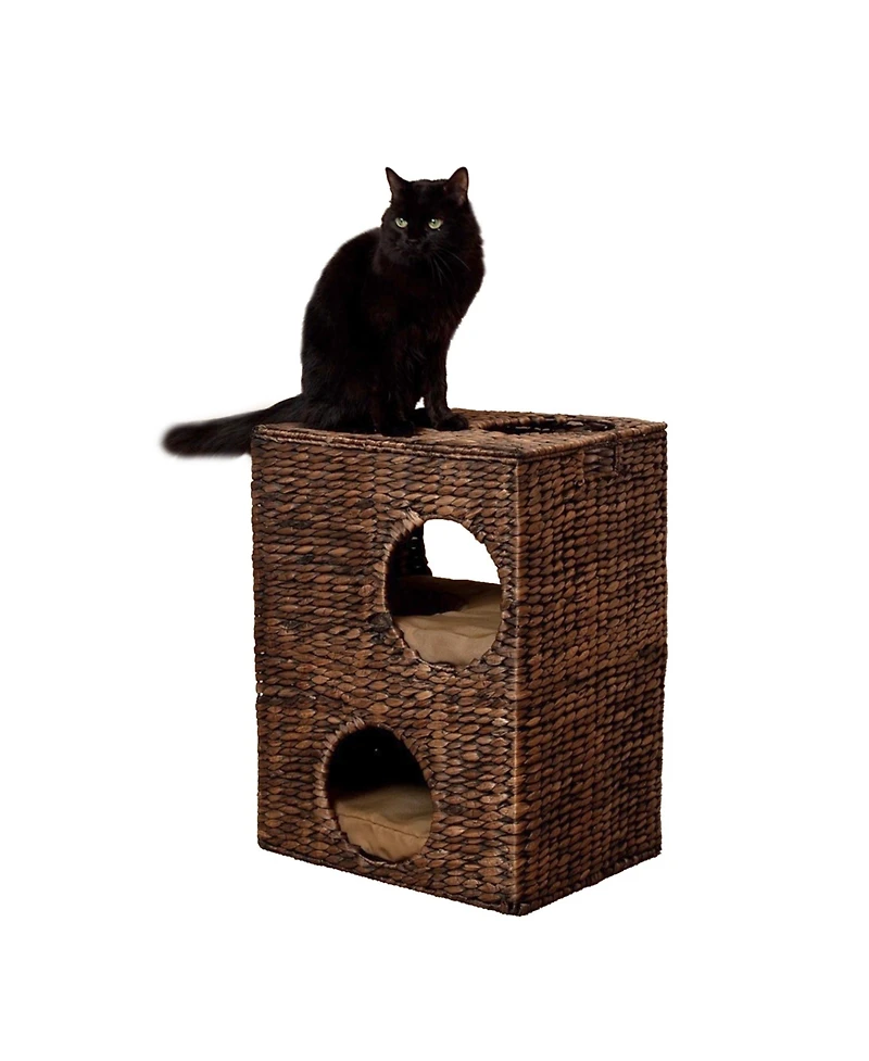 Jaxon 18" Modern Classic 2-Tier Handwoven Hyacinth Rectangular 5-Hole Pet Condo with 2 Machine-Washable Cushions