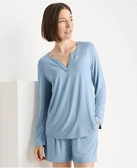 Lands' End Women's Cooling 2 Piece Pajama Set - Long Sleeve Flowy Shirt and Shorts