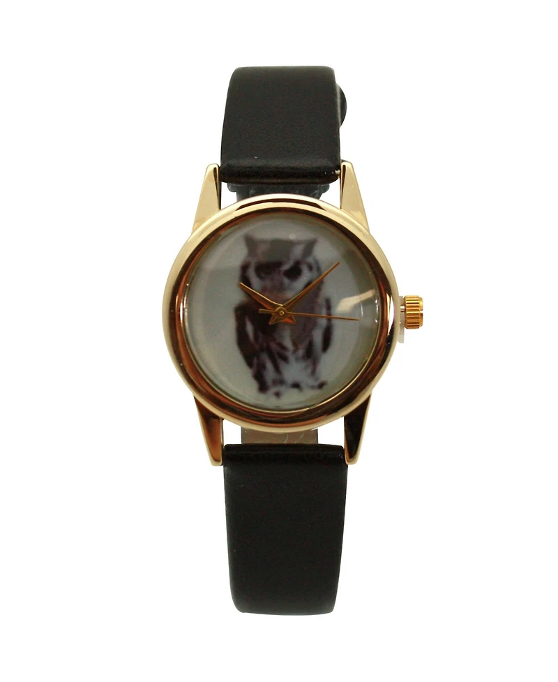 Olivia Pratt Black Owl Drawing Face Faux Leather Band Women Watch