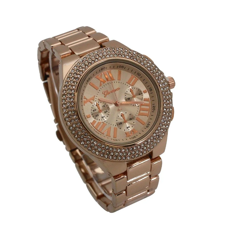 Rosegold Classy 3-Dial and Rhinestone Bezel Metal Watch