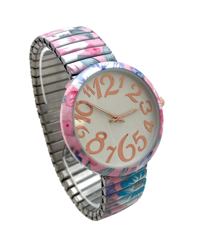 Olivia Pratt Light Blue Floral Big Dial Easy Reader Watch Floral Elastic Stretch Band Wristwatch Women Watch