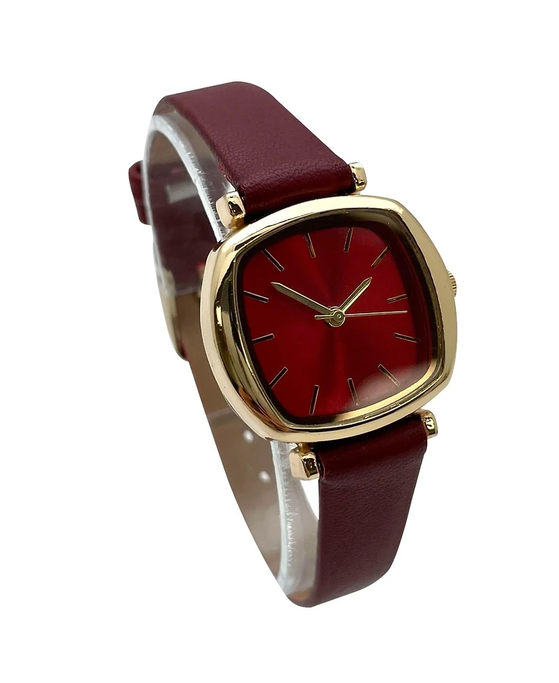 Olivia Pratt Solid Color Elegant Square Face Faux Leather Women Watch, Burgundy