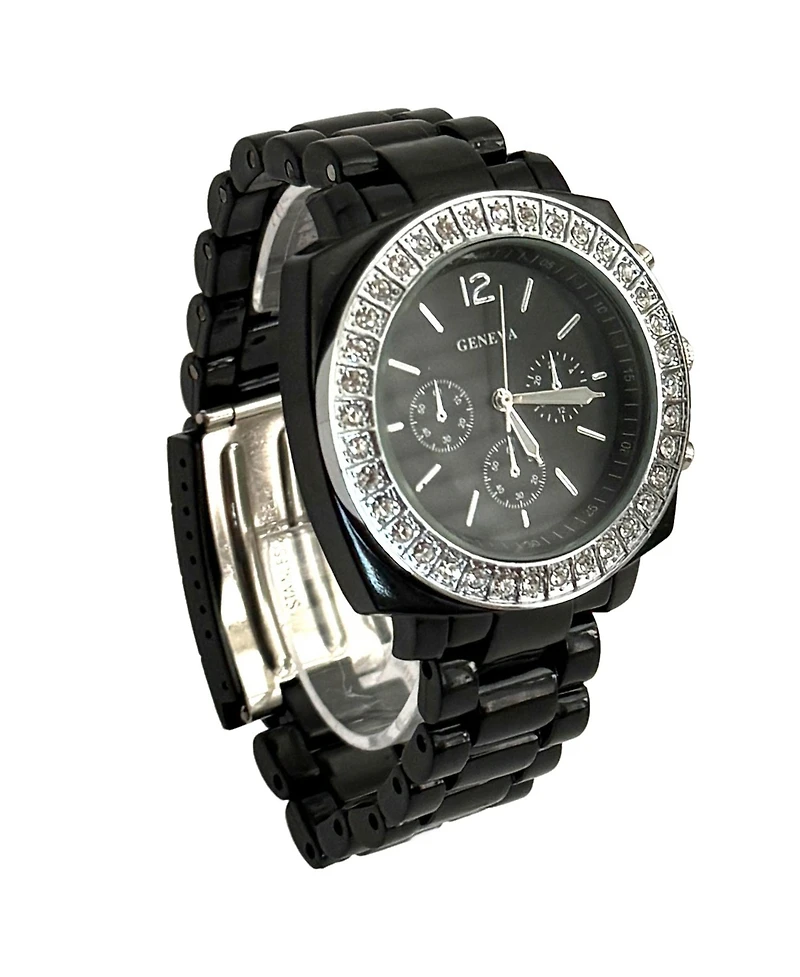 Olivia Pratt Black and Rhinestones Big Face Women Watch