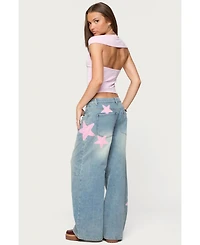 Edikted Women's Trish Satin Effect Stars Low Rise Jeans