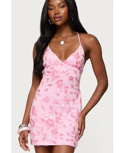 Edikted Womens Ayv Sequin Floral Backless Mini Dress