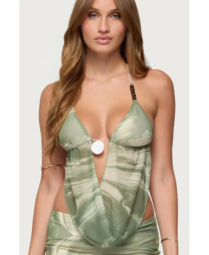 Edikted Womens Kasen Printed Mesh Backless Halter Top