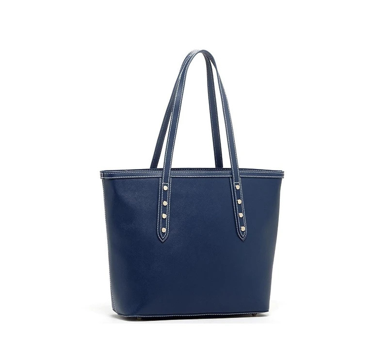 Susu Blue Leather Shoulder Bag Elegant Big Tote Handbag for Women with Double Straps and Zip Closure