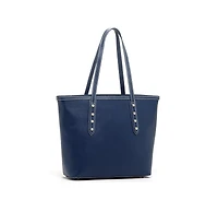 Susu Blue Leather Shoulder Bag Elegant Big Tote Handbag for Women with Double Straps and Zip Closure