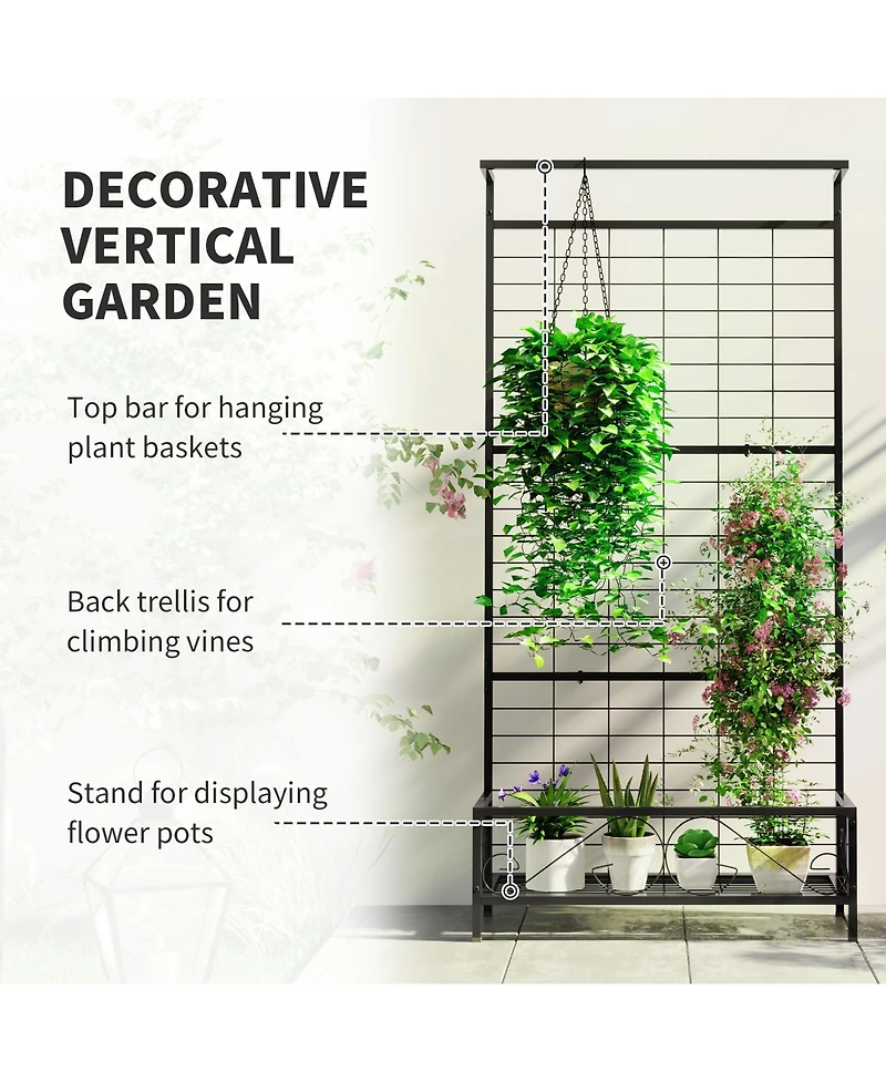 Outsunny 74" Tall Metal Plant Sd with Trellis and Hanging Bar,