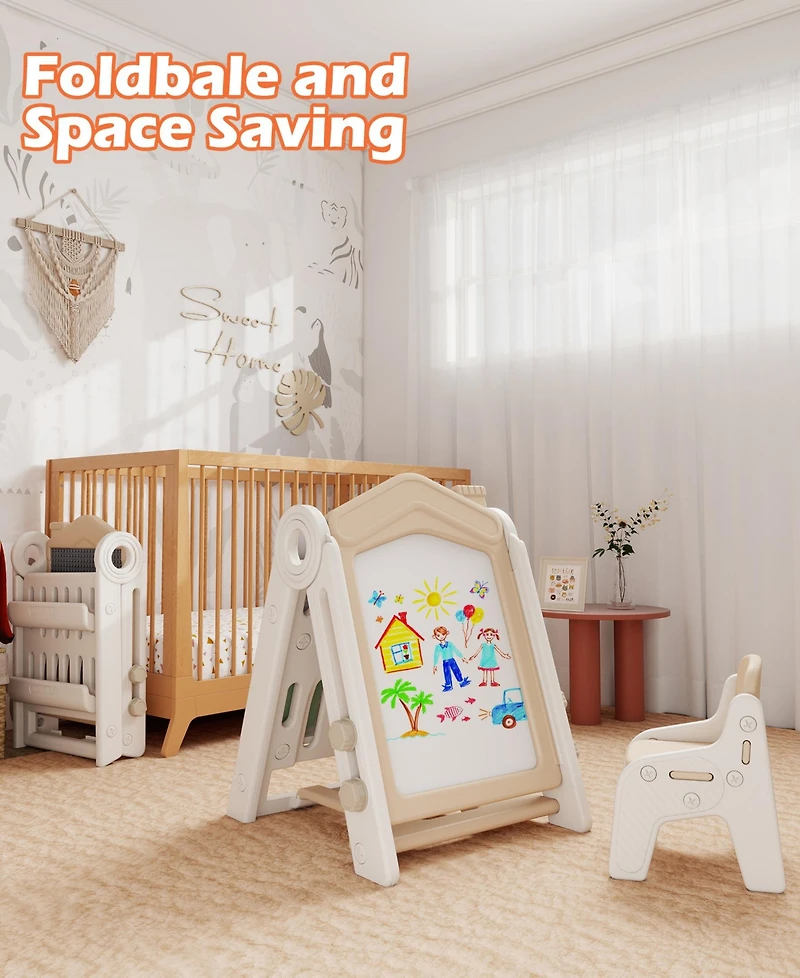 Sugift 3-in-1 Foldable Kids Easel Double-Sided Tabletop Easel with Chair
