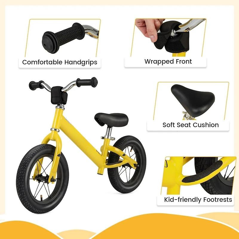 12 Inch Toddler Balance Bike with Height Adjustable Handlebar and Seat - Yellow