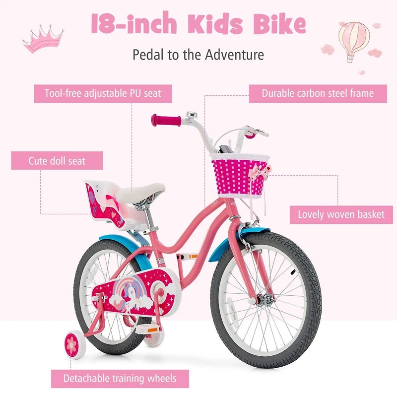 Kids Bicycle with Training Wheels and Basket for Boys and Girls Ages 3-9 - 18 Inches