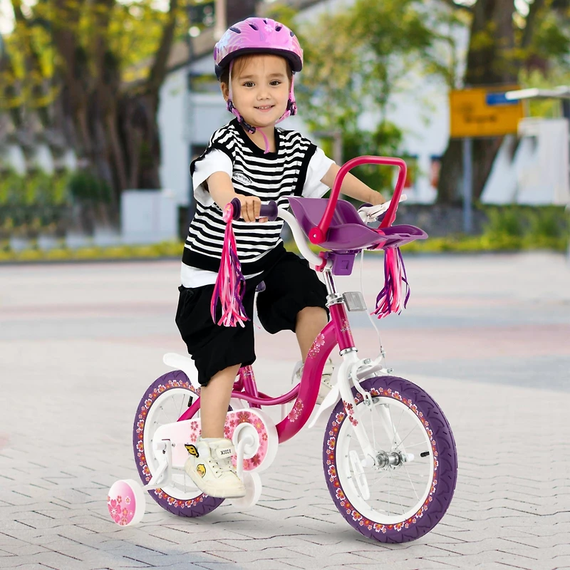 14 Inch Kids Bike with Doll Seat and Removable Training Wheels