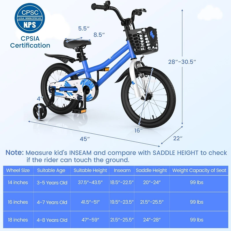 Akiudex 16 Inch Kids Bike with Removable Training Wheels - Blue