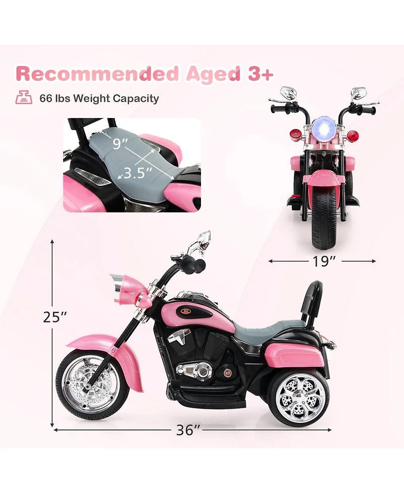 6V 3-Wheel Kids Motorcycle - Pink