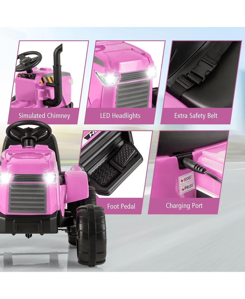 12V Kids Ride-On Tractor with Trailer and Remote Control - Pink