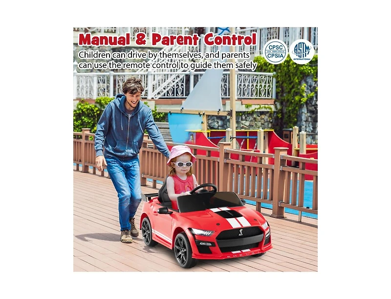 12V Licensed Ford Mustang Shelby GT500 Kids Ride-On Car with Remote Control for Ages 3-8 - Red