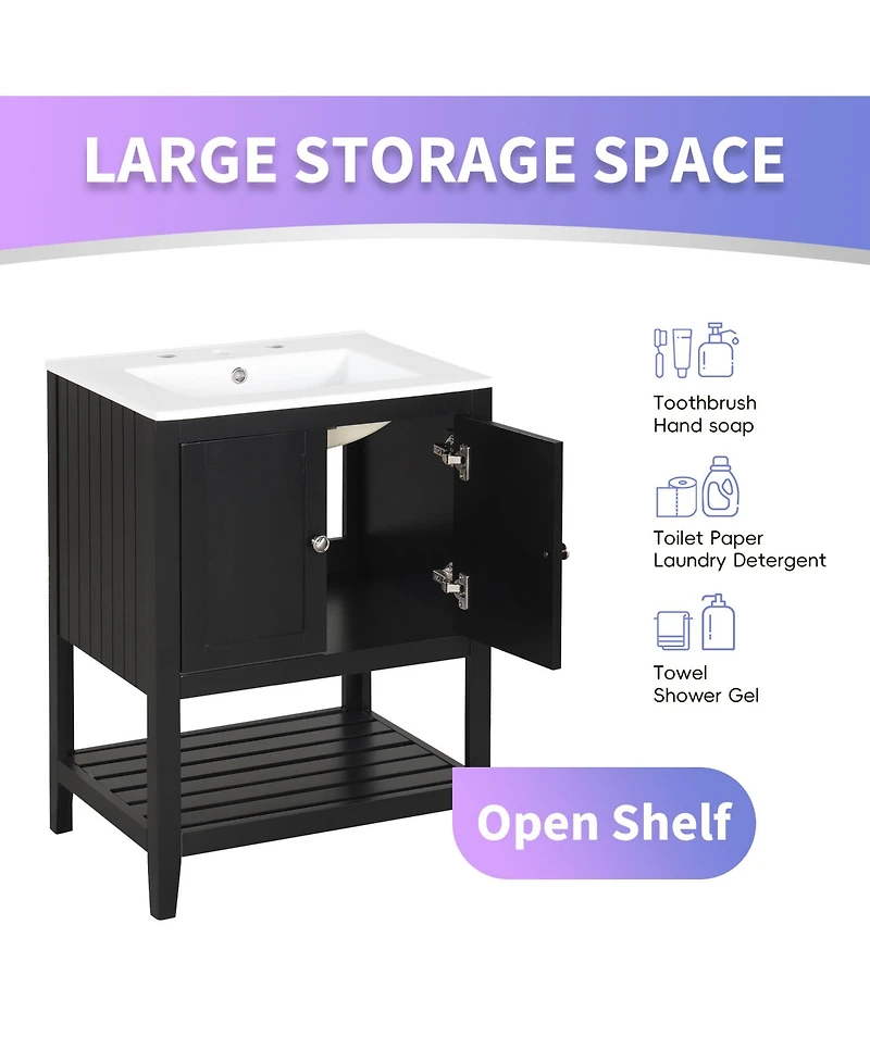 Casainc 24" Modern Bathroom Vanity With Ceramic Sink, Sleek Design and Open Style Shelf