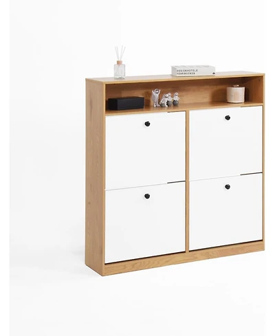 Shoe Cabinet with 4 flip-Out Drawers, Shoe Rack Organizer with Wooden Handles, Freestanding Shoe Cabinet with Anti-Tipping Device (Natural-4 Drawers