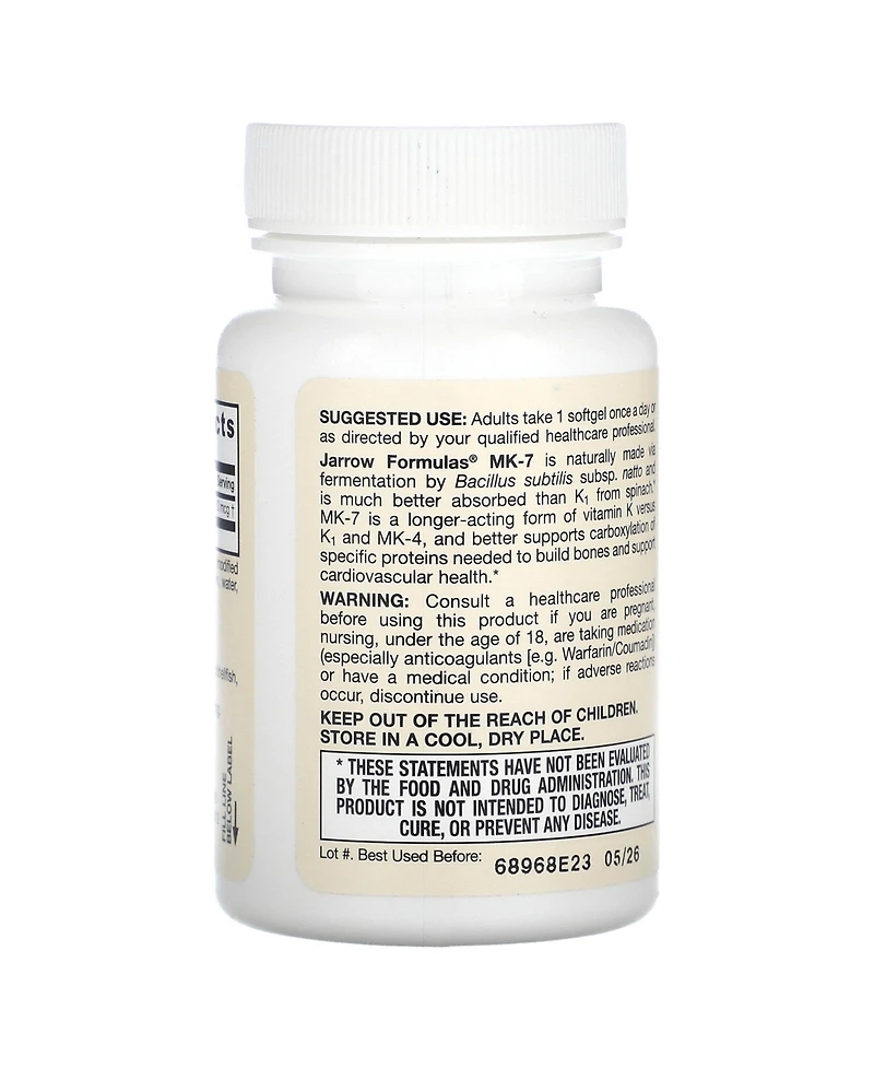 Jarrow Formulas Mk-7 180 mcg - Bioactive Form of Vitamin K2 - 30 Servings (Softgels)