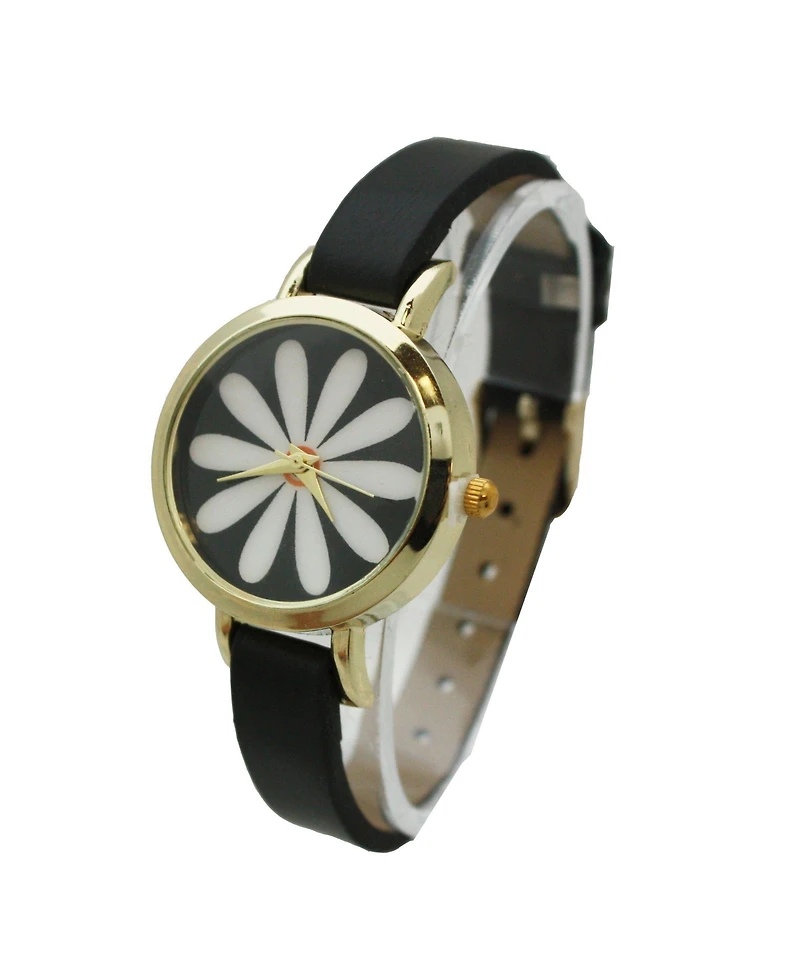 Olivia Pratt Black Large Flower Face Skinny Leather Strap Watch