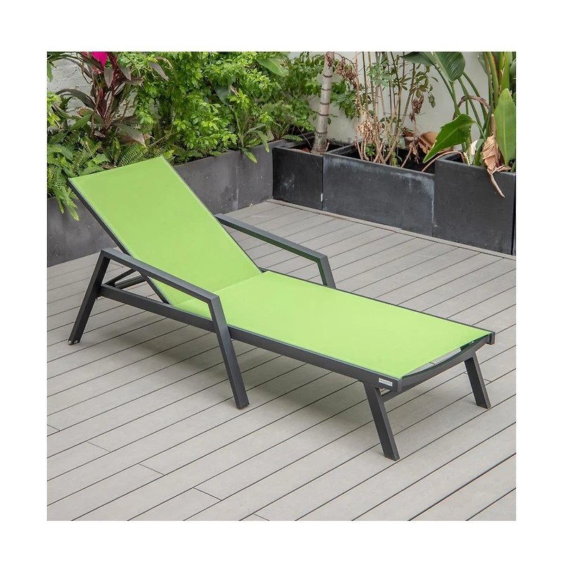 LeisureMod Marlin Patio Chaise Lounge Chair With Armrests in Black Aluminum Frame