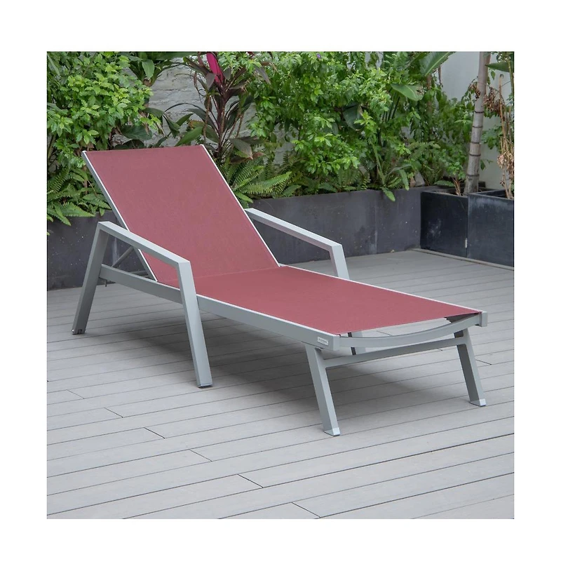 LeisureMod Marlin Patio Chaise Lounge Chair With Armrests in Grey Aluminum Frame