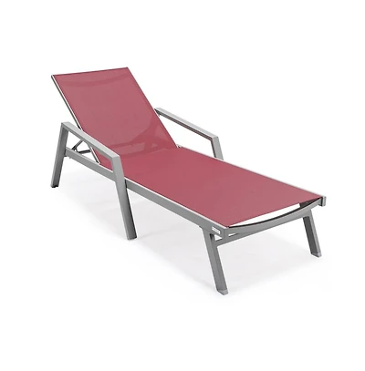 LeisureMod Marlin Patio Chaise Lounge Chair With Armrests in Grey Aluminum Frame