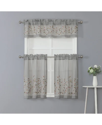 Kate Aurora Shabby Sheer Embroidered Complete 3 Piece Floral Rod Pocket Cafe Kitchen Curtain Tier & Valance Set