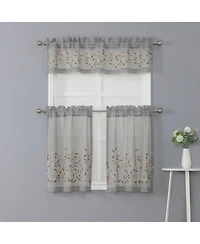 Kate Aurora Shabby Sheer Embroidered Complete 3 Piece Floral Rod Pocket Cafe Kitchen Curtain Tier & Valance Set
