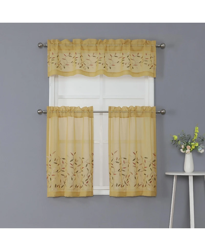 Kate Aurora Shabby Sheer Embroidered Complete 3 Piece Floral Rod Pocket Cafe Kitchen Curtain Tier & Valance Set