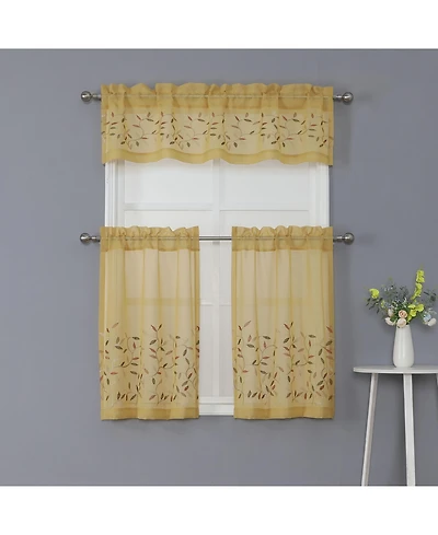 Kate Aurora Shabby Sheer Embroidered Complete 3 Piece Floral Rod Pocket Cafe Kitchen Curtain Tier & Valance Set