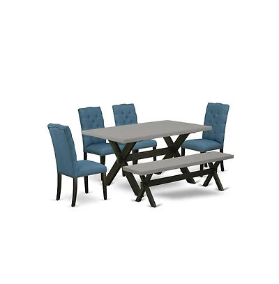 East West Furniture 6-Piece Dining Set of rectangular Tabletop and Dining Bench and 4 Linen Fabric Kitchen Parson Chairs with Nail Heads