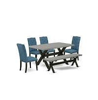East West Furniture 6-Piece Dining Set of rectangular Tabletop and Dining Bench and 4 Linen Fabric Kitchen Parson Chairs with Nail Heads
