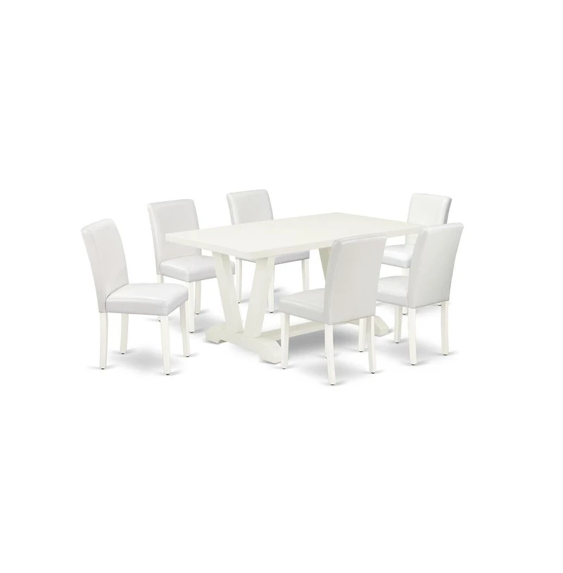 East West Furniture 7-Piece Fashionable Kitchen Table Set a Superb Linen White Dining Room Table Top and 6 Excellent Pu Leather Padded Chairs with Sty
