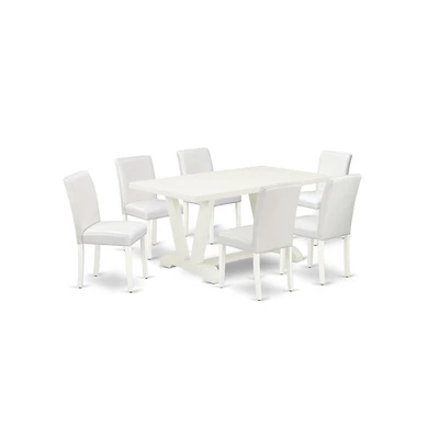 East West Furniture 7-Piece Fashionable Kitchen Table Set a Superb Linen White Dining Room Table Top and 6 Excellent Pu Leather Padded Chairs with Sty