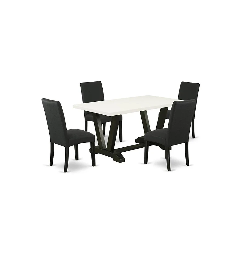 East West Furniture 5-Pc Dining Table Set- 4 Upholstered Dining Chairs with Black Linen Fabric Seat and Stylish Chair Back