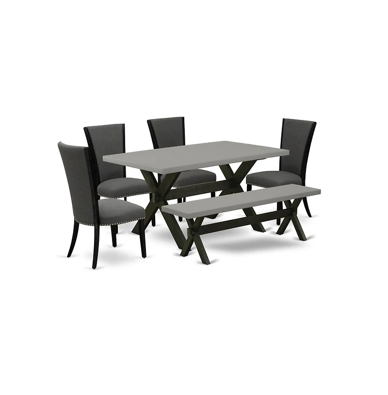 East West Furniture 6 Piece Mid Century Dining Set - 4 Dark Gotham Grey Linen Fabric Comfortable Chair with Nailheads and Cement Kitchen Table