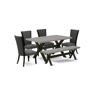 East West Furniture 6 Piece Mid Century Dining Set - 4 Dark Gotham Grey Linen Fabric Comfortable Chair with Nailheads and Cement Kitchen Table