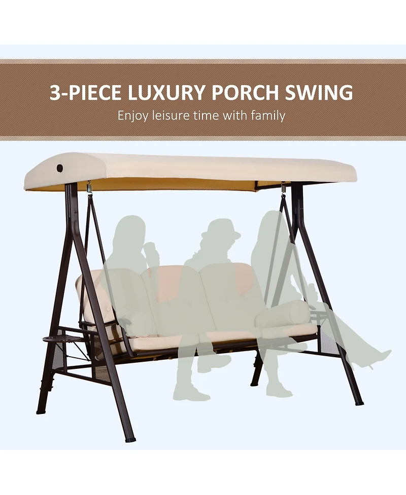 Outsunny 3-Seat Patio Swing w/ Tilt Canopy, Cushions & Cup Tray,