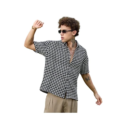 Campus Sutra Men's Midnight Black & Powder White Lozenge-Striped Oversized Shirt