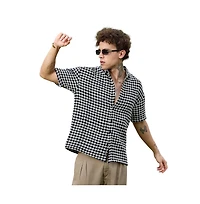 Campus Sutra Men's Midnight Black & Powder White Lozenge-Striped Oversized Shirt