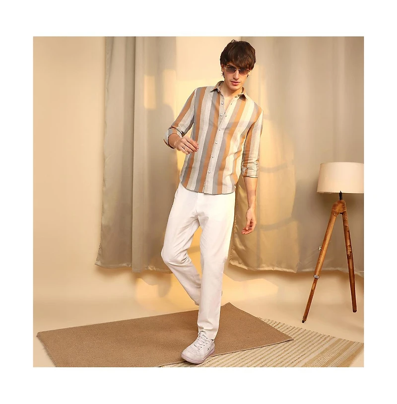 Campus Sutra Men's Copper Brown & Peanut Block-Striped Shirt